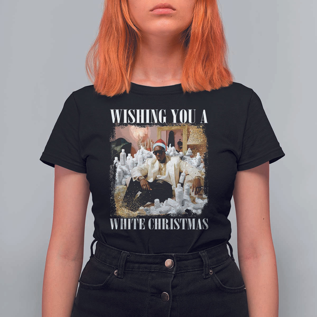Funny Dirty Santa Diddy Christmas T Shirt For Women Wishing You A White Christmas Santa Hat - Wonder Print Shop