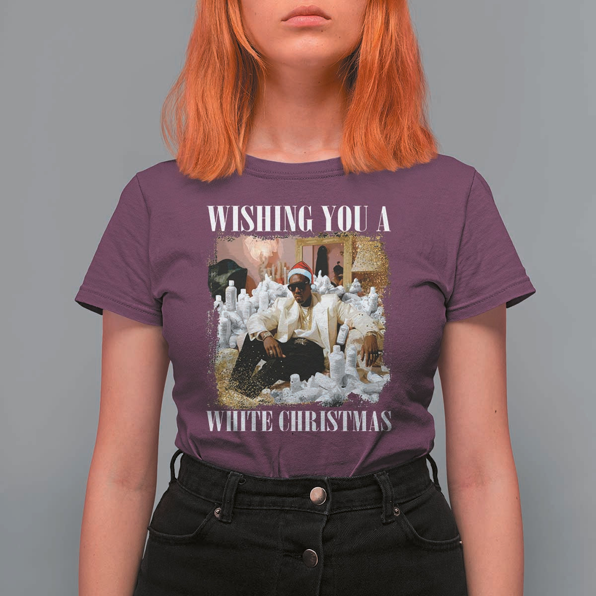 Funny Dirty Santa Diddy Christmas T Shirt For Women Wishing You A White Christmas Santa Hat - Wonder Print Shop