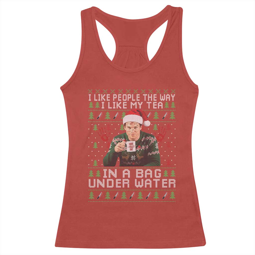 Funny Christmas Crime Drama Racerback Tank Top I Like People The Way I Like My Tea In A Bag Under Water - Wonder Print Shop