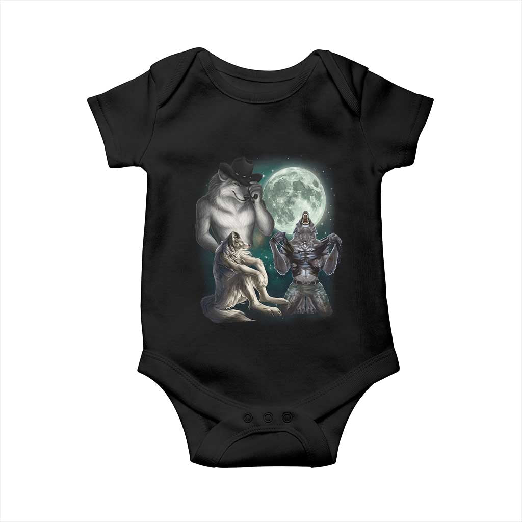 Funny Three Alpha Wolf Howling Moon Baby Onesie Weird Cringe Werewolf Meme - Wonder Print Shop