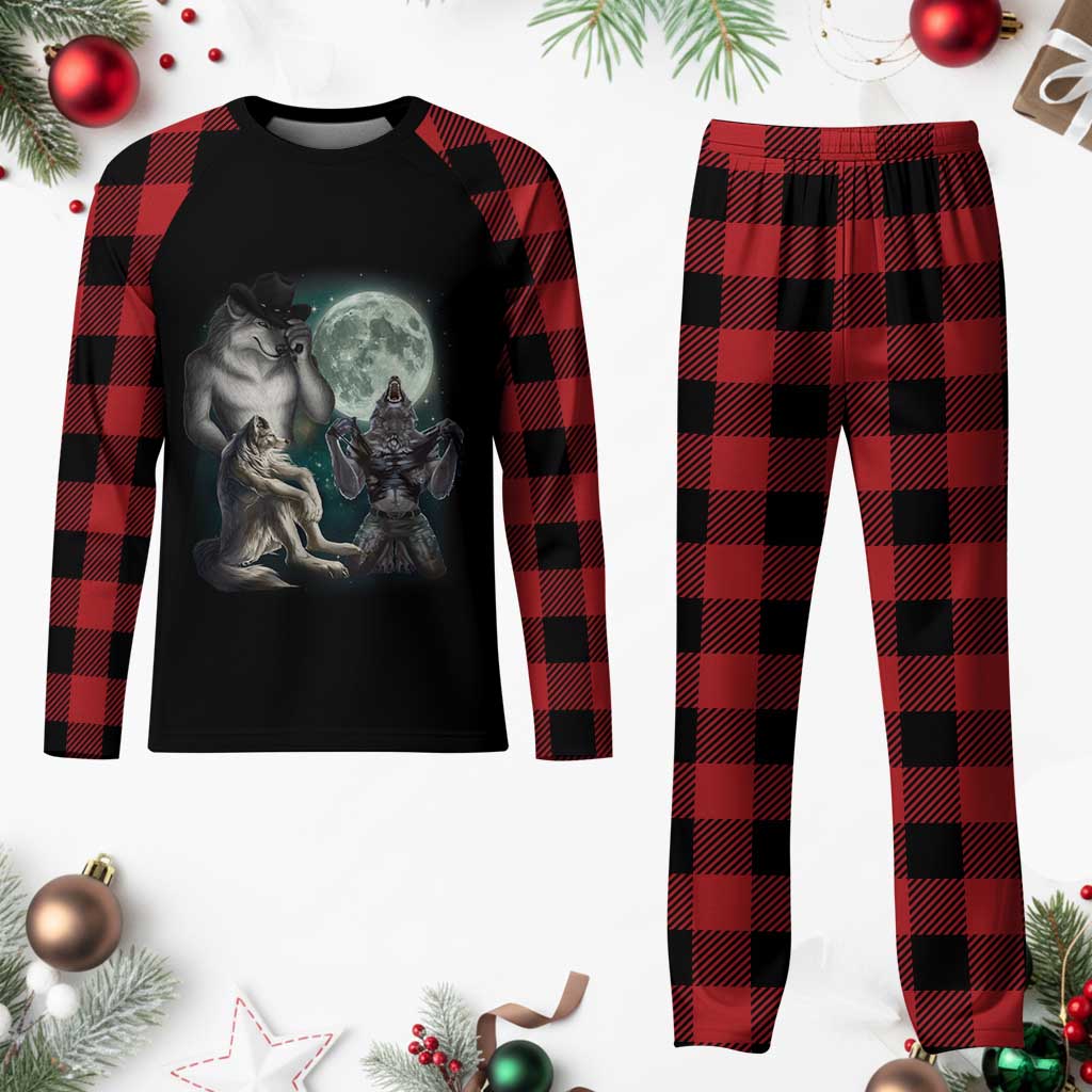 Funny Three Alpha Wolf Howling Moon Plaid Pajama Set Weird Cringe Werewolf Meme - Wonder Print Shop