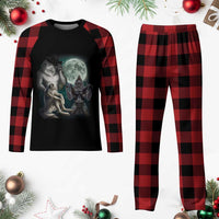 Funny Three Alpha Wolf Howling Moon Plaid Pajama Set Weird Cringe Werewolf Meme - Wonder Print Shop