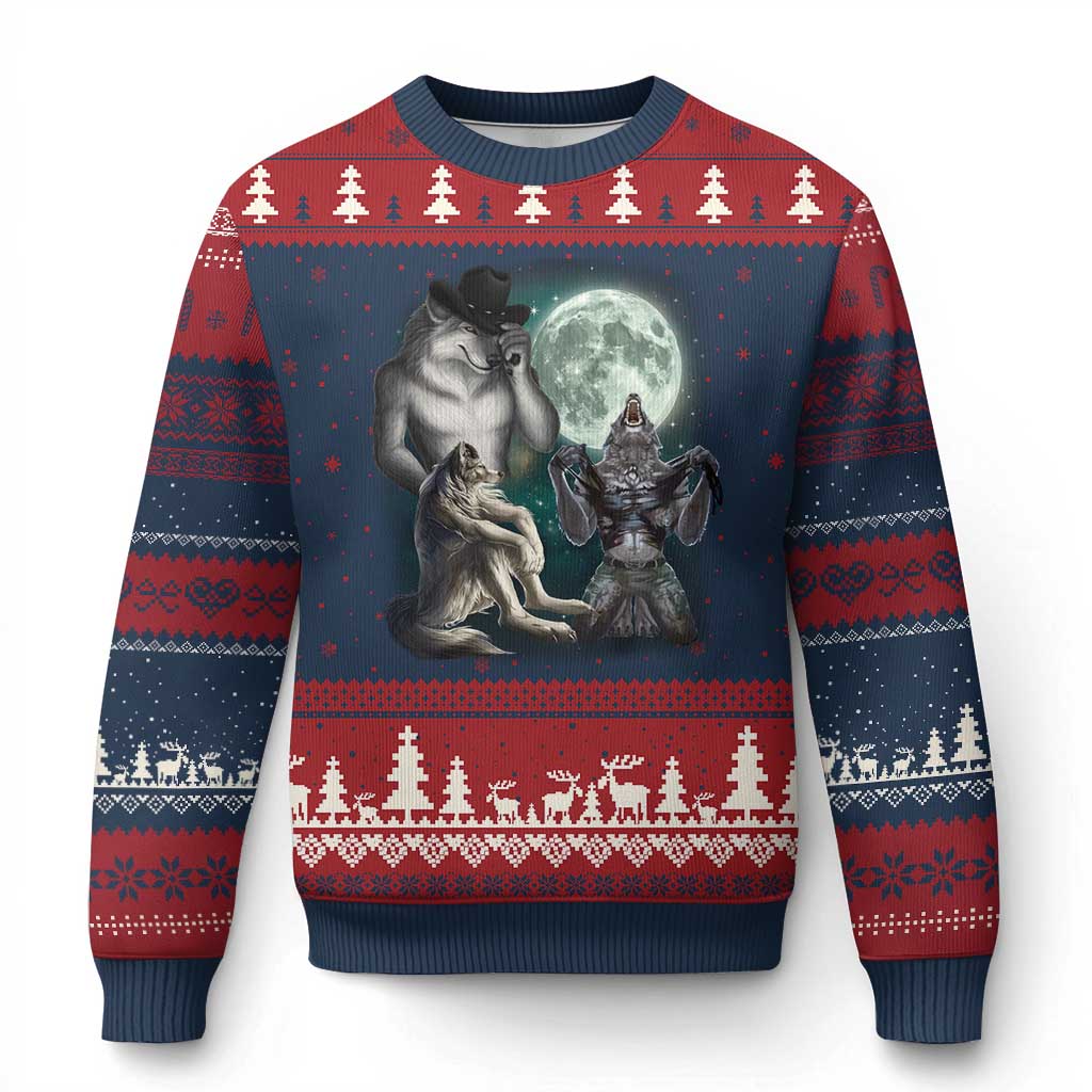 Funny Three Alpha Wolf Howling Moon Ugly Christmas Sweater Weird Cringe Werewolf Meme - Wonder Print Shop