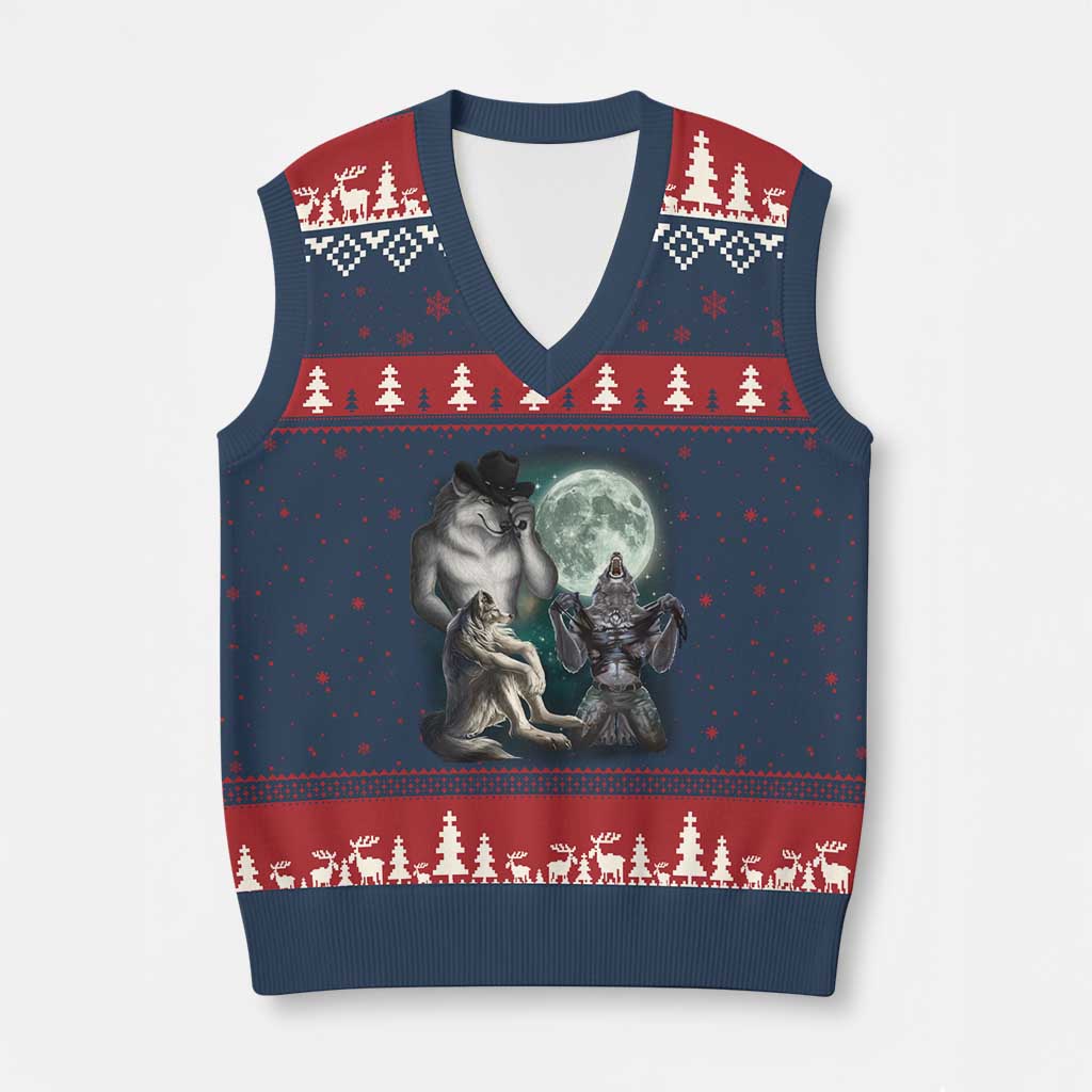 Funny Three Alpha Wolf Howling Moon V-Neck Knit Sweater Vest Weird Cringe Werewolf Meme - Wonder Print Shop