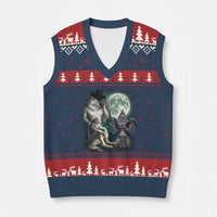 Funny Three Alpha Wolf Howling Moon V-Neck Knit Sweater Vest Weird Cringe Werewolf Meme - Wonder Print Shop