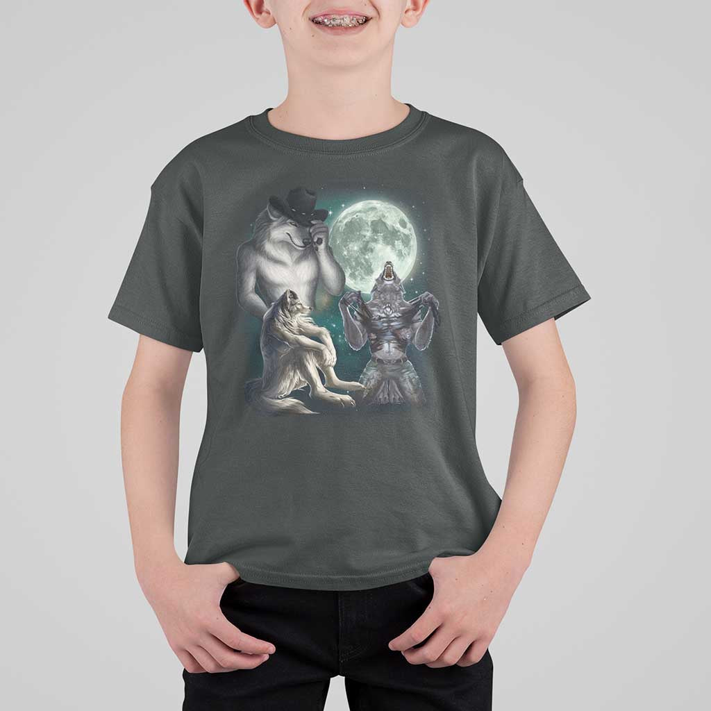 Funny Three Alpha Wolf Howling Moon T Shirt For Kid Weird Cringe Werewolf Meme - Wonder Print Shop