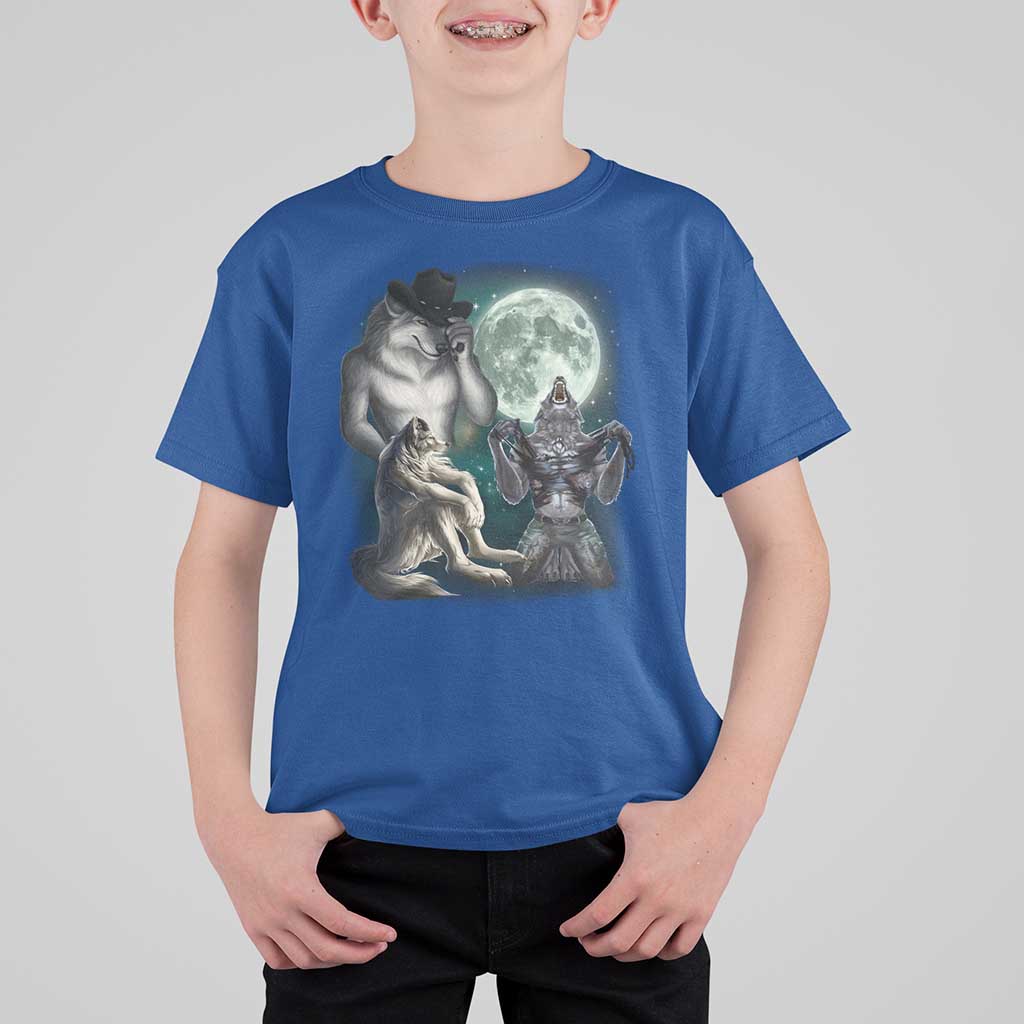 Funny Three Alpha Wolf Howling Moon T Shirt For Kid Weird Cringe Werewolf Meme - Wonder Print Shop