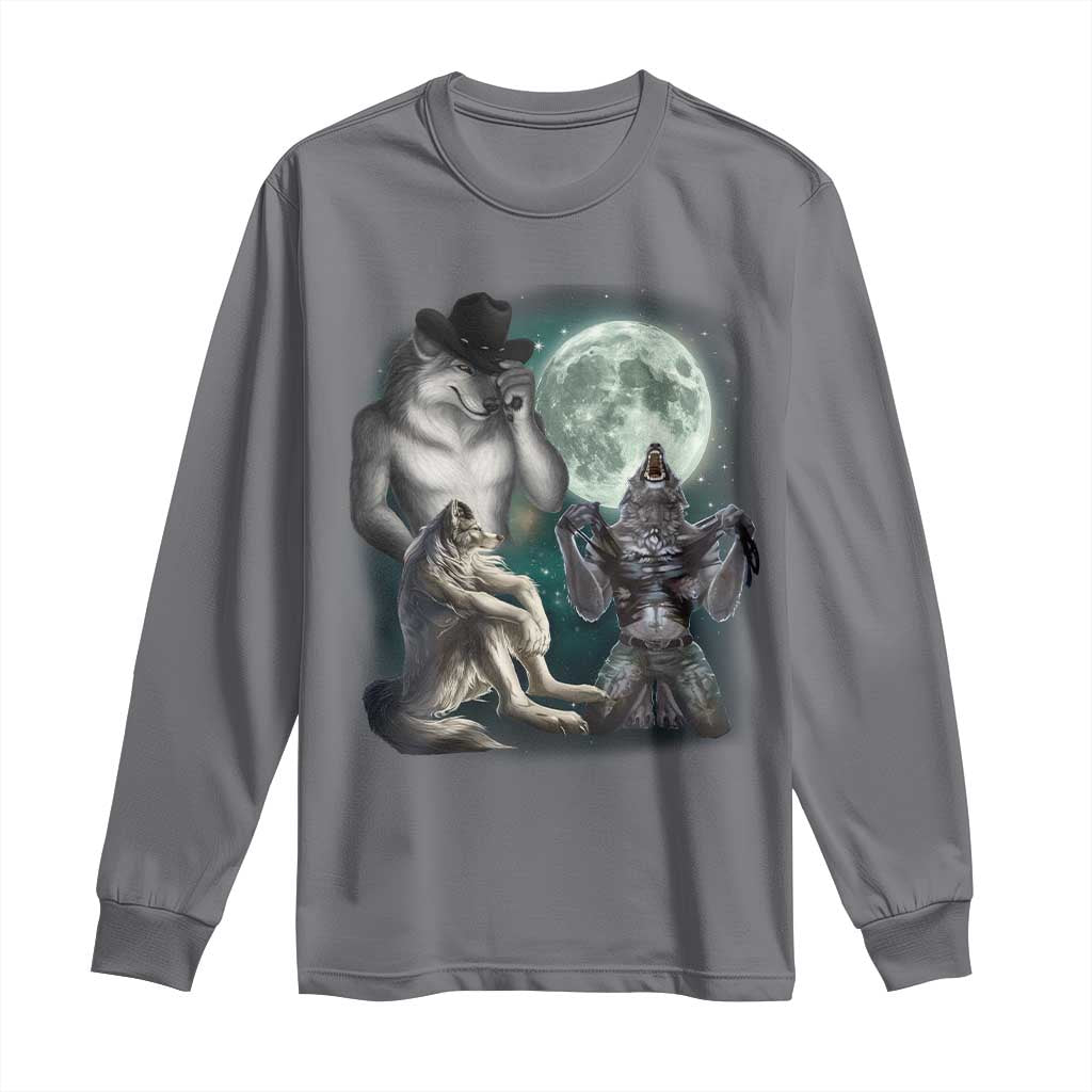 Funny Three Alpha Wolf Howling Moon Long Sleeve Shirt Weird Cringe Werewolf Meme - Wonder Print Shop