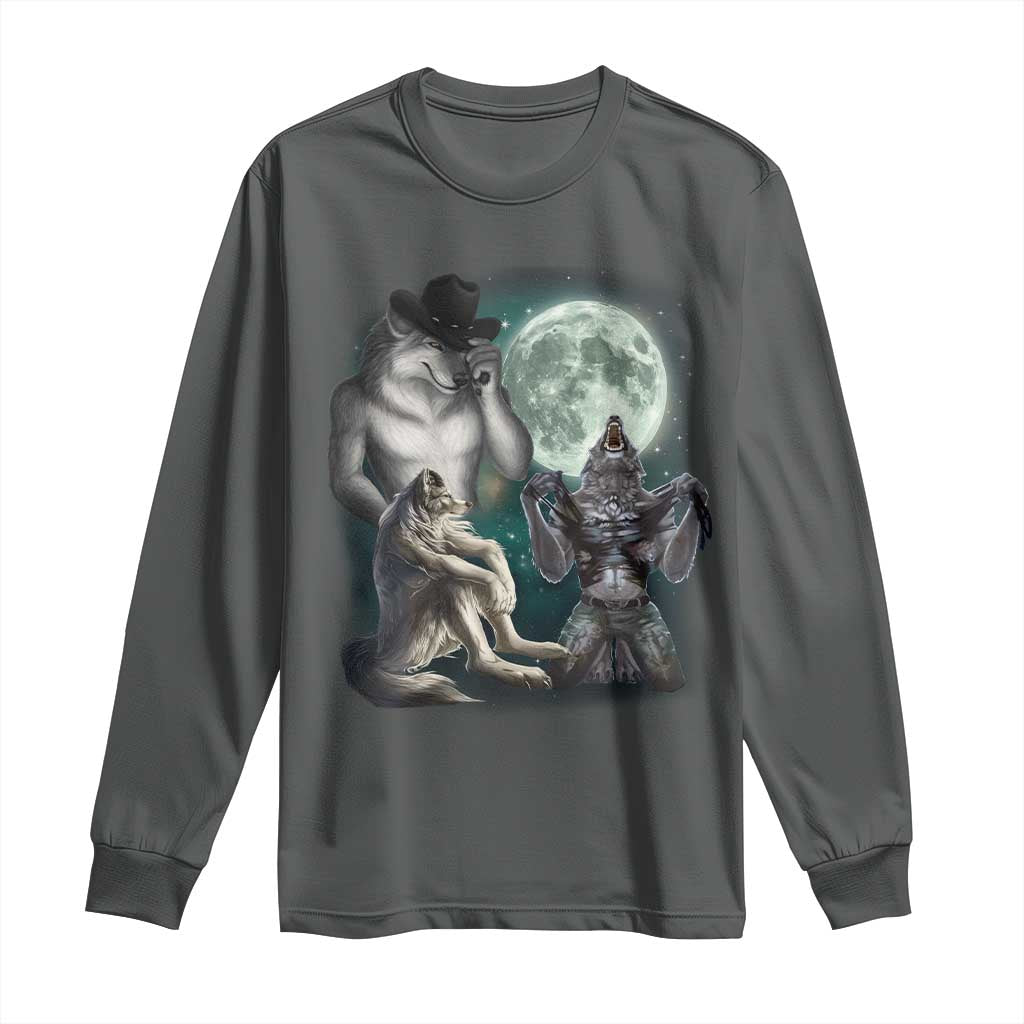 Funny Three Alpha Wolf Howling Moon Long Sleeve Shirt Weird Cringe Werewolf Meme - Wonder Print Shop