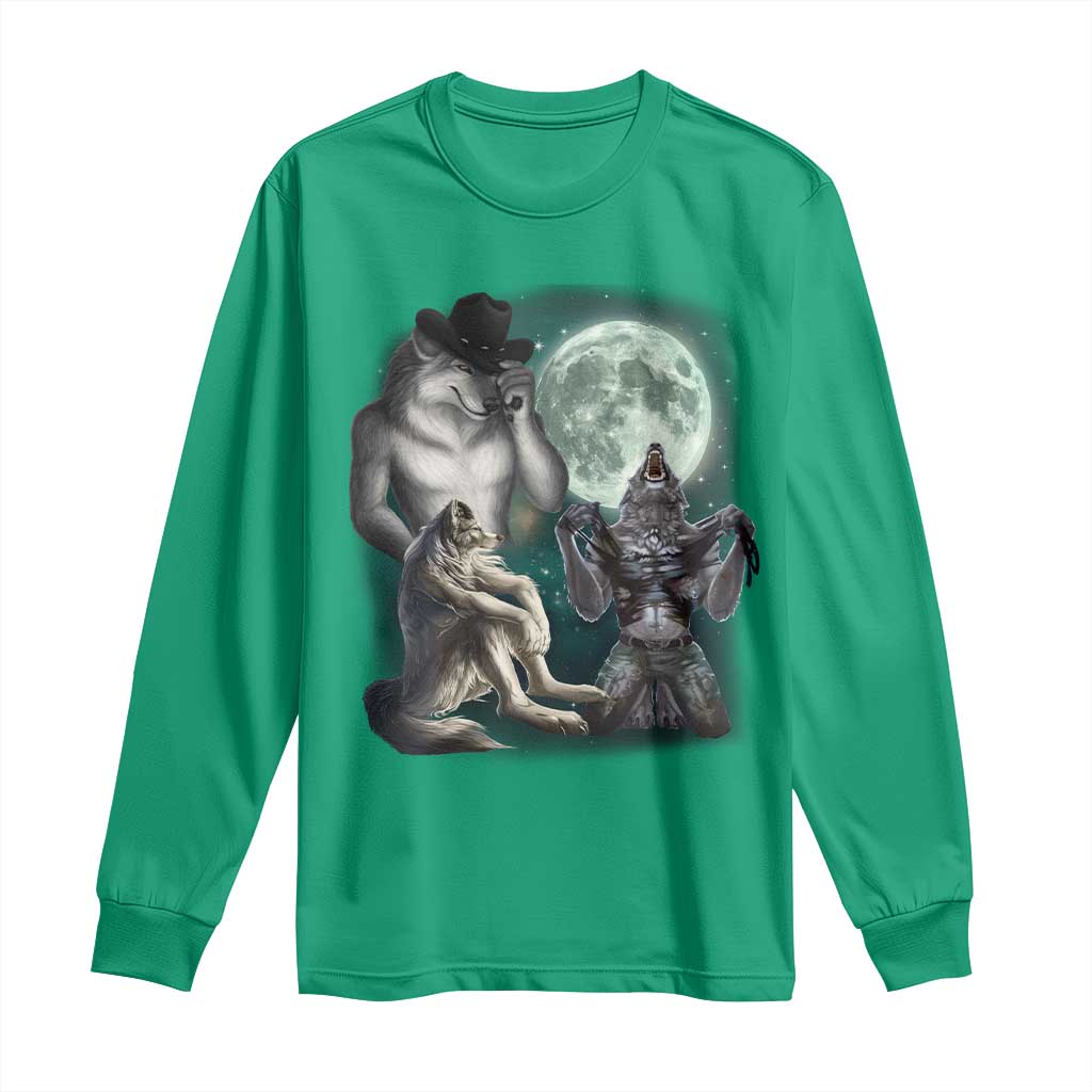 Funny Three Alpha Wolf Howling Moon Long Sleeve Shirt Weird Cringe Werewolf Meme - Wonder Print Shop