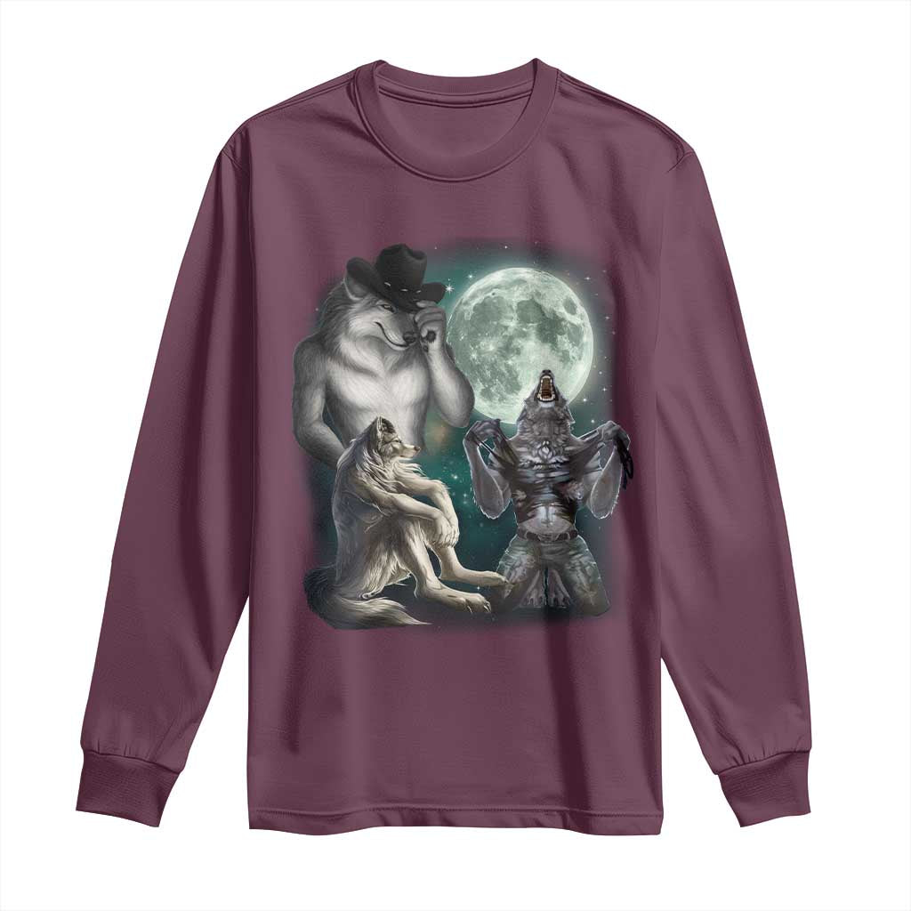 Funny Three Alpha Wolf Howling Moon Long Sleeve Shirt Weird Cringe Werewolf Meme - Wonder Print Shop
