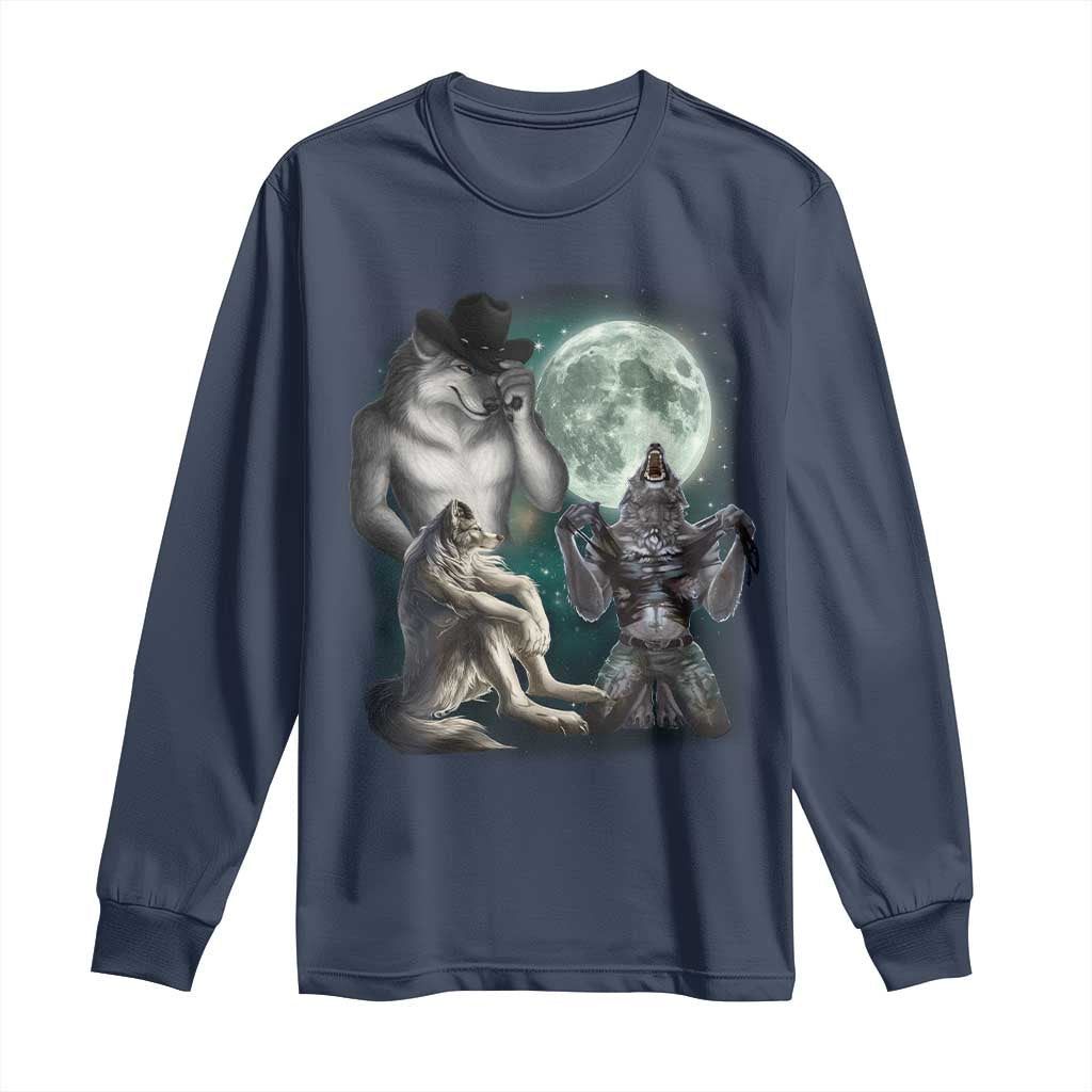 Funny Three Alpha Wolf Howling Moon Long Sleeve Shirt Weird Cringe Werewolf Meme - Wonder Print Shop