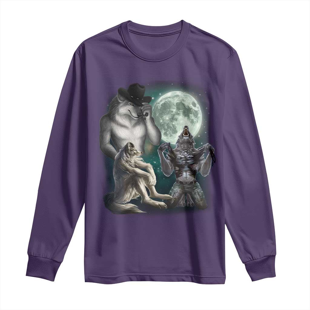Funny Three Alpha Wolf Howling Moon Long Sleeve Shirt Weird Cringe Werewolf Meme - Wonder Print Shop