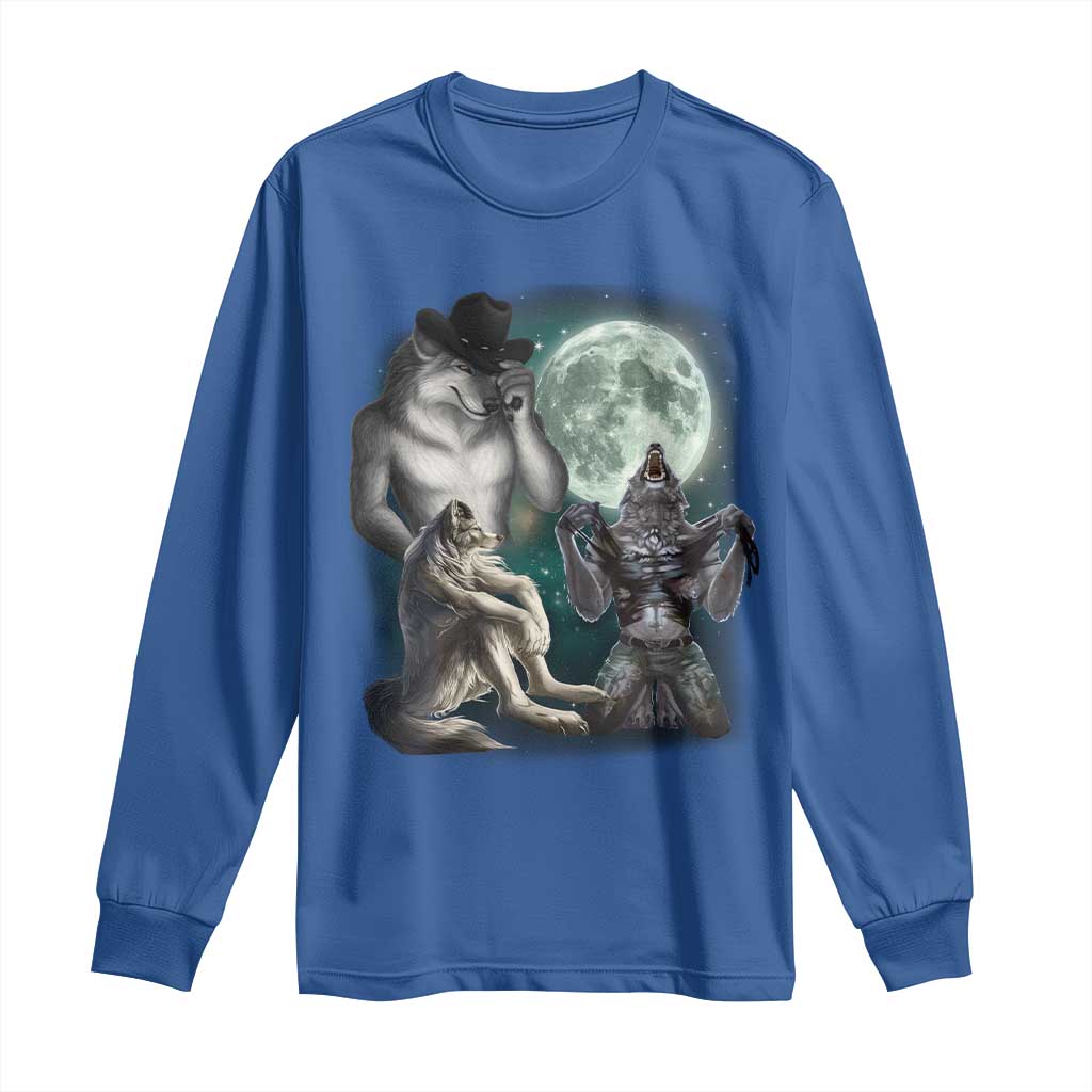 Funny Three Alpha Wolf Howling Moon Long Sleeve Shirt Weird Cringe Werewolf Meme - Wonder Print Shop
