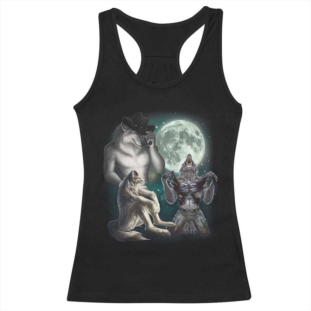 Funny Three Alpha Wolf Howling Moon Racerback Tank Top Weird Cringe Werewolf Meme - Wonder Print Shop