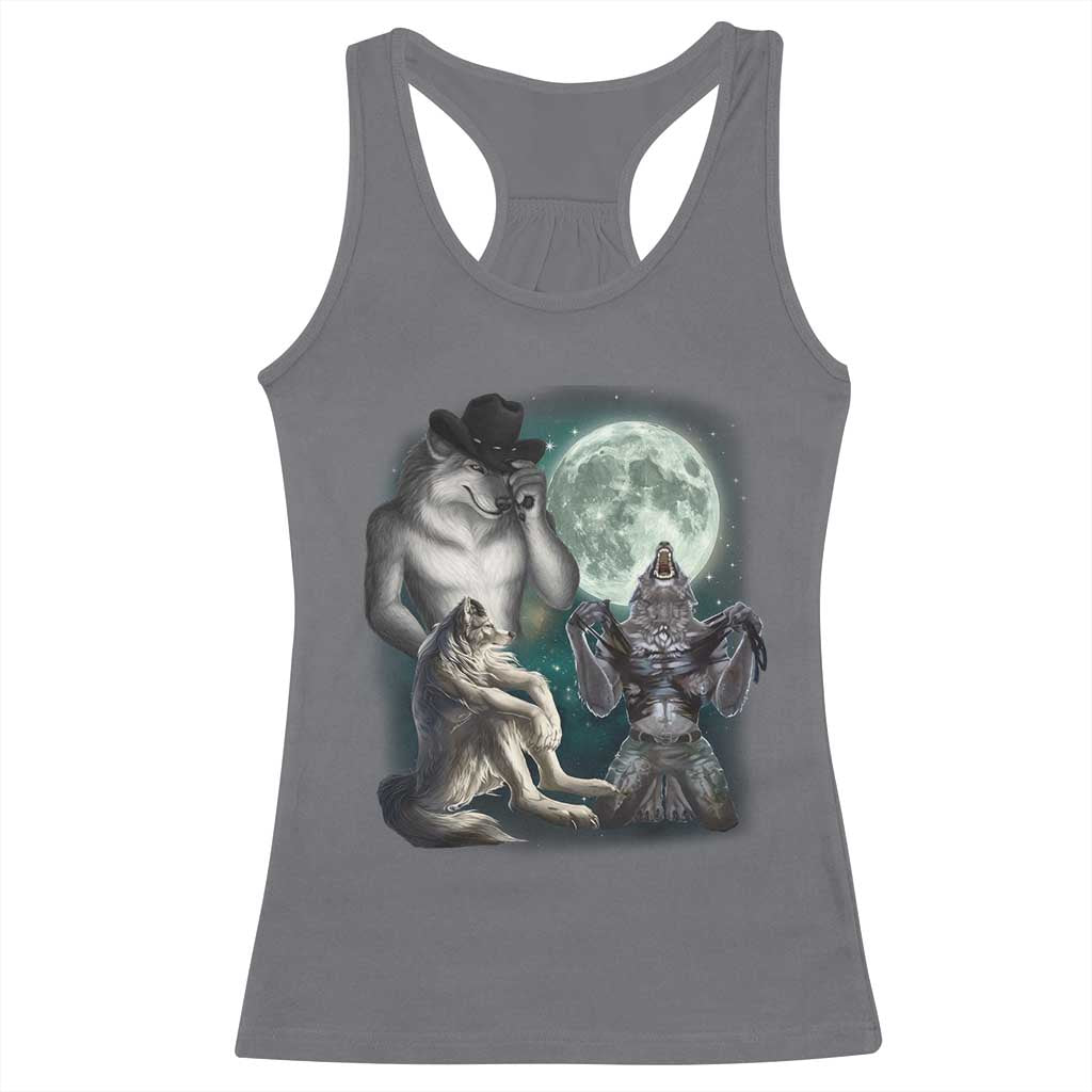 Funny Three Alpha Wolf Howling Moon Racerback Tank Top Weird Cringe Werewolf Meme - Wonder Print Shop