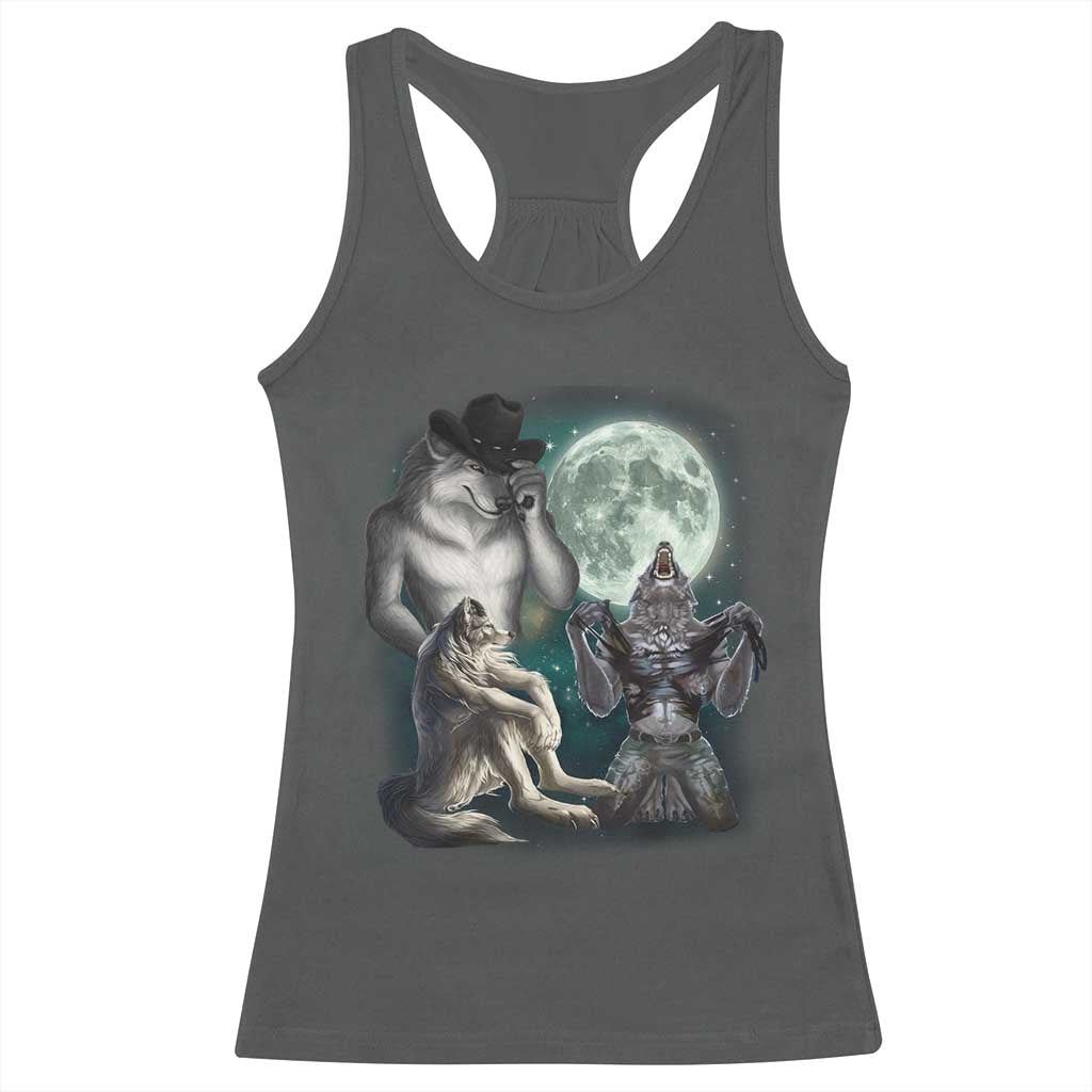 Funny Three Alpha Wolf Howling Moon Racerback Tank Top Weird Cringe Werewolf Meme - Wonder Print Shop