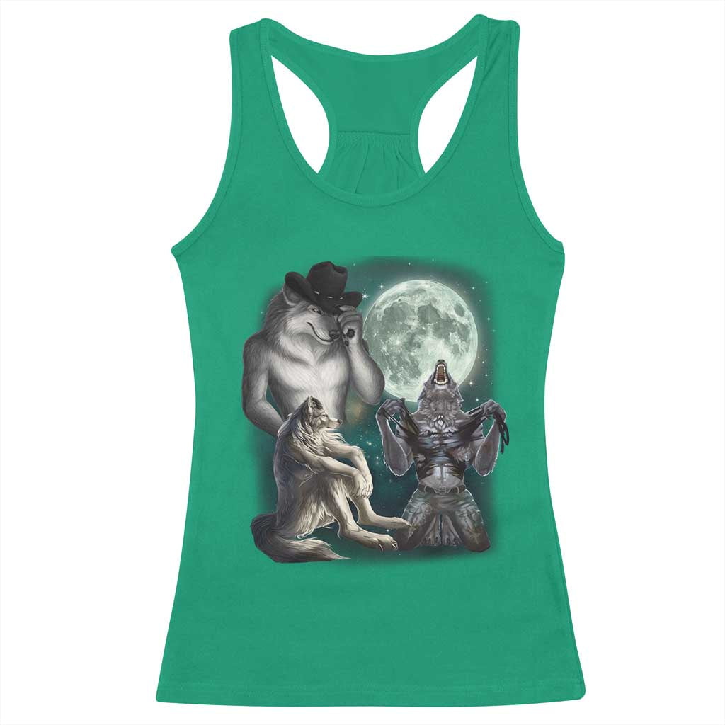 Funny Three Alpha Wolf Howling Moon Racerback Tank Top Weird Cringe Werewolf Meme - Wonder Print Shop