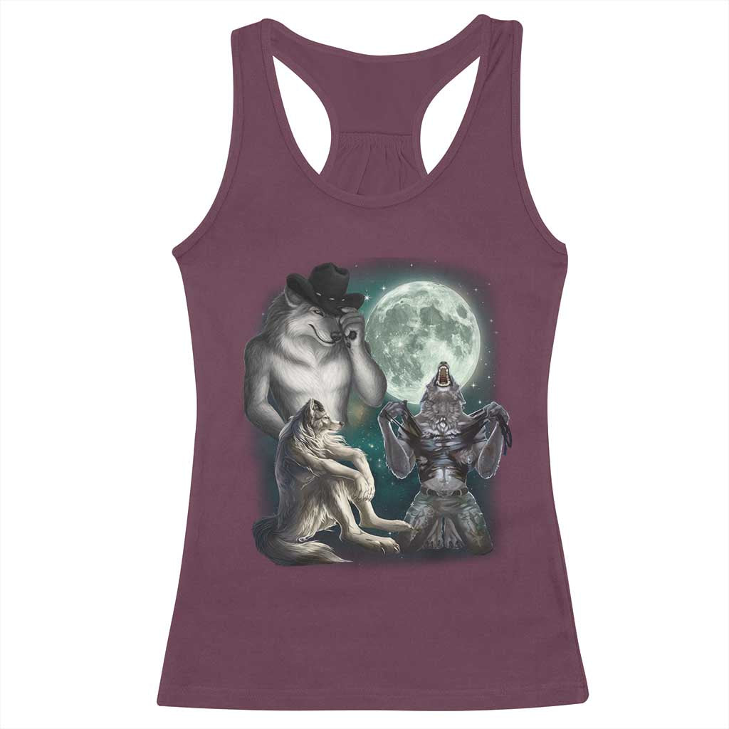 Funny Three Alpha Wolf Howling Moon Racerback Tank Top Weird Cringe Werewolf Meme - Wonder Print Shop