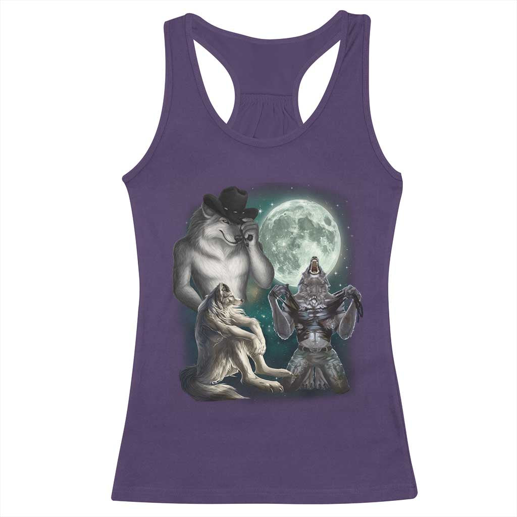 Funny Three Alpha Wolf Howling Moon Racerback Tank Top Weird Cringe Werewolf Meme - Wonder Print Shop