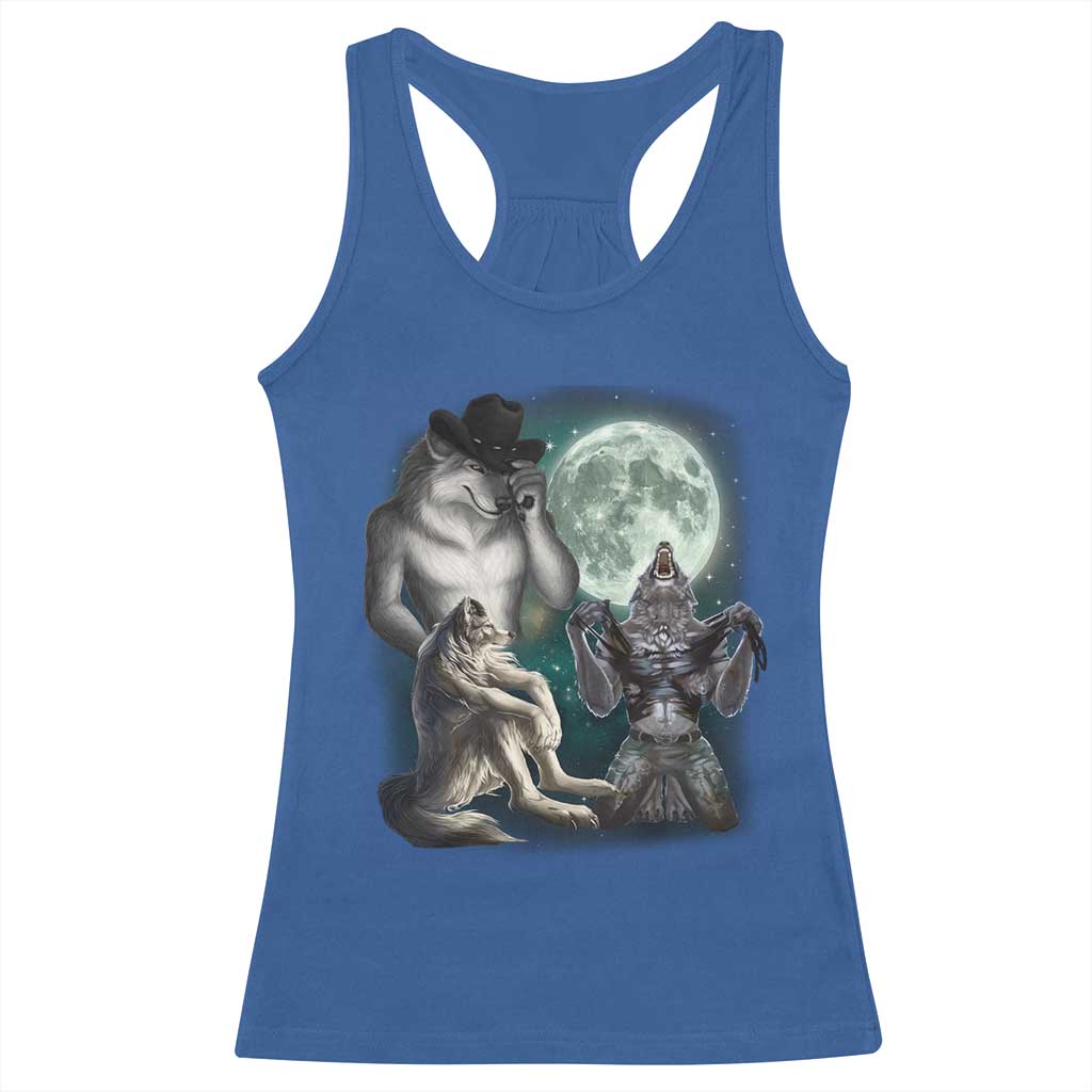Funny Three Alpha Wolf Howling Moon Racerback Tank Top Weird Cringe Werewolf Meme - Wonder Print Shop