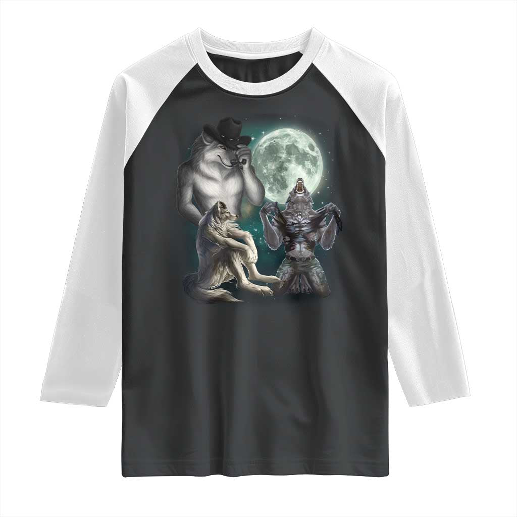 Funny Three Alpha Wolf Howling Moon Raglan Shirt Weird Cringe Werewolf Meme - Wonder Print Shop