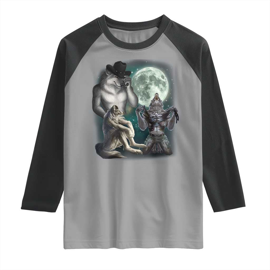Funny Three Alpha Wolf Howling Moon Raglan Shirt Weird Cringe Werewolf Meme - Wonder Print Shop