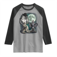 Funny Three Alpha Wolf Howling Moon Raglan Shirt Weird Cringe Werewolf Meme - Wonder Print Shop