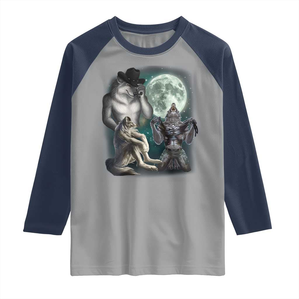 Funny Three Alpha Wolf Howling Moon Raglan Shirt Weird Cringe Werewolf Meme - Wonder Print Shop