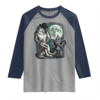 Funny Three Alpha Wolf Howling Moon Raglan Shirt Weird Cringe Werewolf Meme - Wonder Print Shop