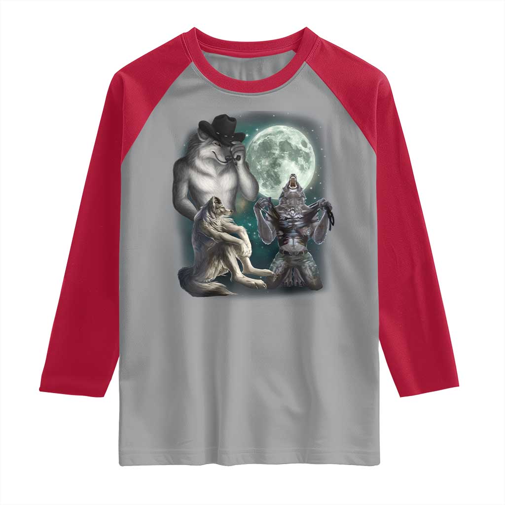 Funny Three Alpha Wolf Howling Moon Raglan Shirt Weird Cringe Werewolf Meme - Wonder Print Shop