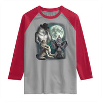 Funny Three Alpha Wolf Howling Moon Raglan Shirt Weird Cringe Werewolf Meme - Wonder Print Shop
