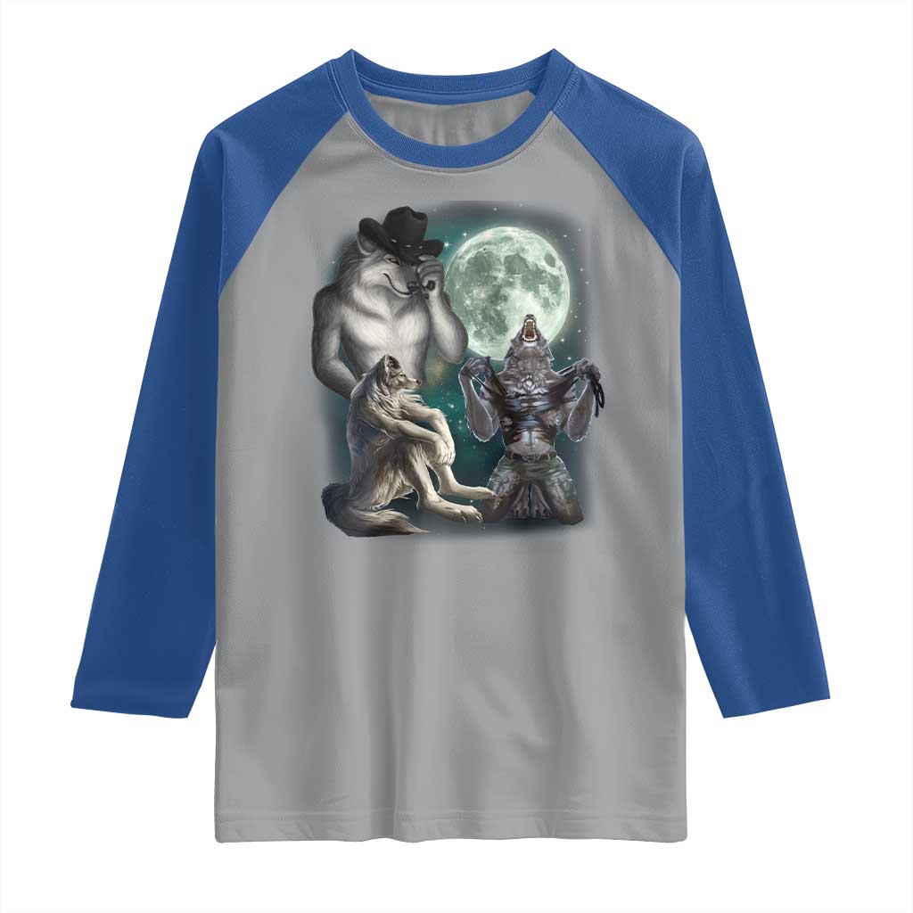 Funny Three Alpha Wolf Howling Moon Raglan Shirt Weird Cringe Werewolf Meme - Wonder Print Shop
