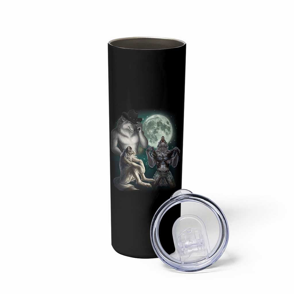 Funny Three Alpha Wolf Howling Moon Skinny Tumbler Weird Cringe Werewolf Meme - Wonder Print Shop