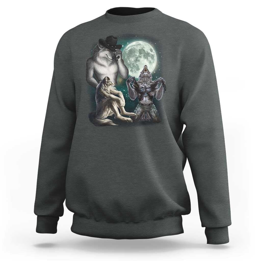 Funny Three Alpha Wolf Howling Moon Sweatshirt Weird Cringe Werewolf Meme - Wonder Print Shop