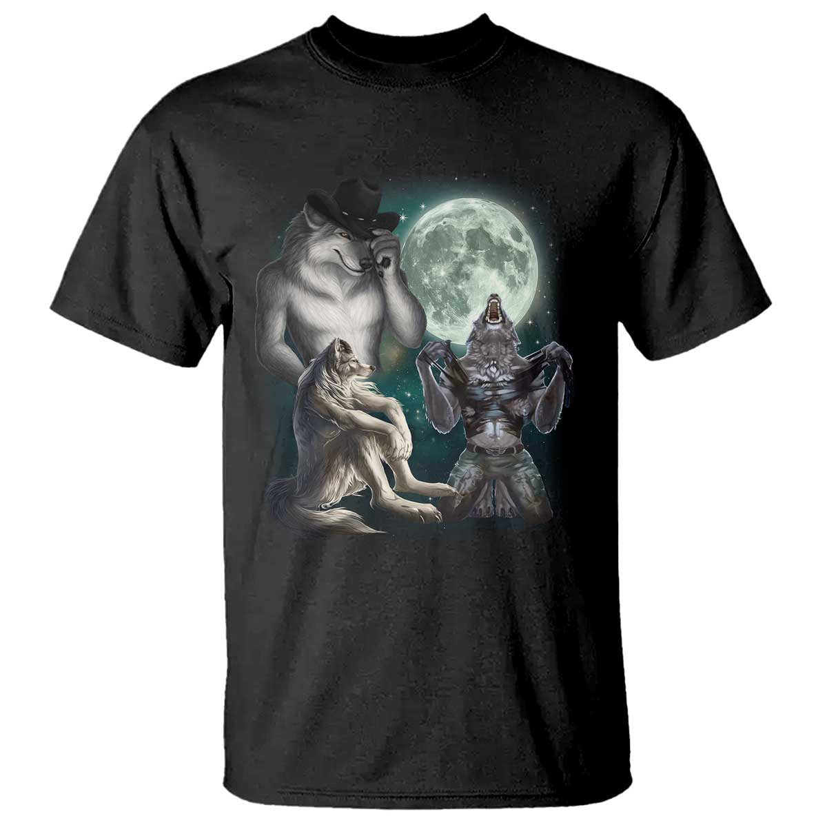 Funny Three Alpha Wolf Howling Moon T Shirt Weird Cringe Werewolf Meme - Wonder Print Shop