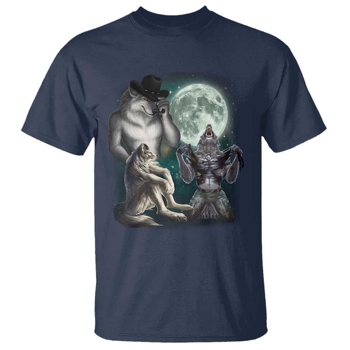 Funny Three Alpha Wolf Howling Moon T Shirt Weird Cringe Werewolf Meme - Wonder Print Shop