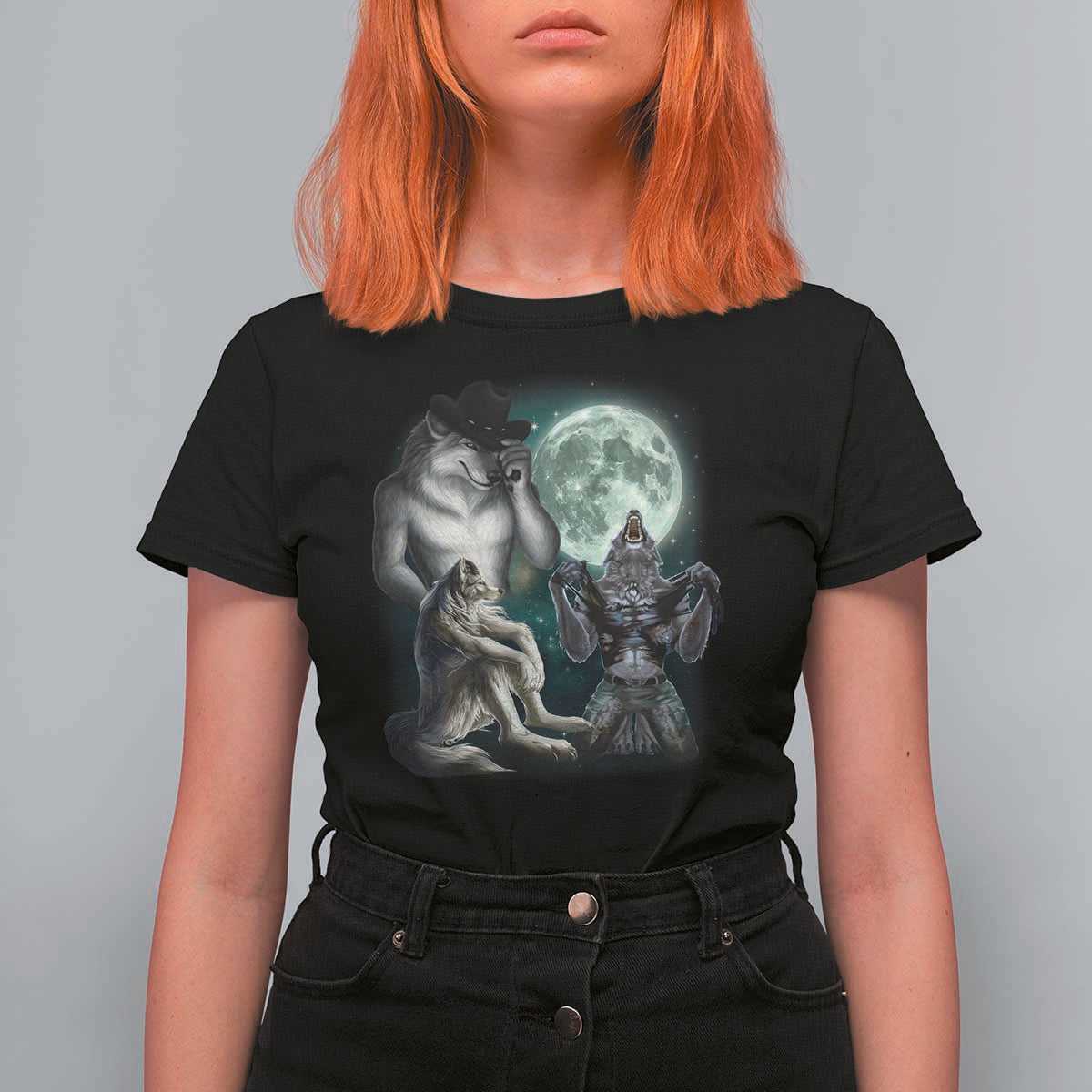 Funny Three Alpha Wolf Howling Moon T Shirt For Women Weird Cringe Werewolf Meme - Wonder Print Shop
