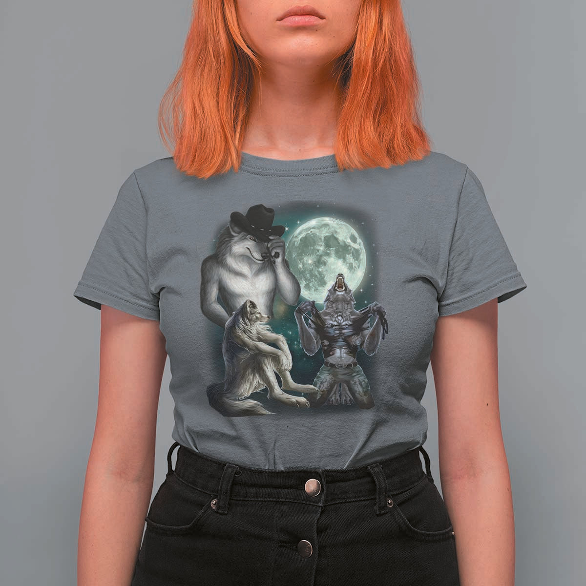 Funny Three Alpha Wolf Howling Moon T Shirt For Women Weird Cringe Werewolf Meme - Wonder Print Shop