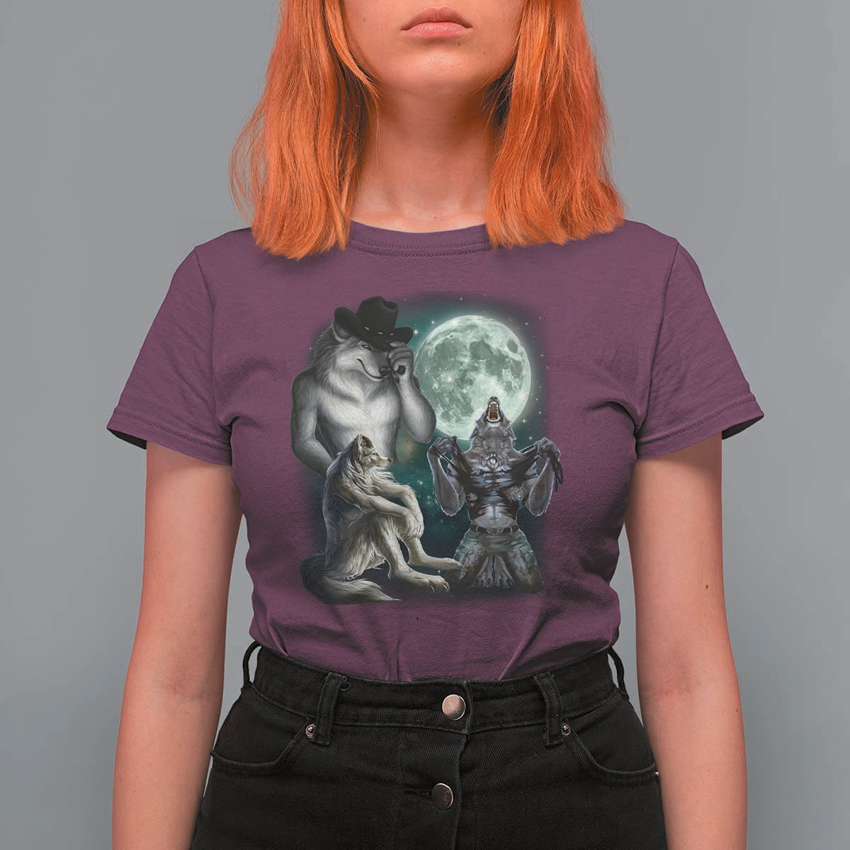 Funny Three Alpha Wolf Howling Moon T Shirt For Women Weird Cringe Werewolf Meme - Wonder Print Shop