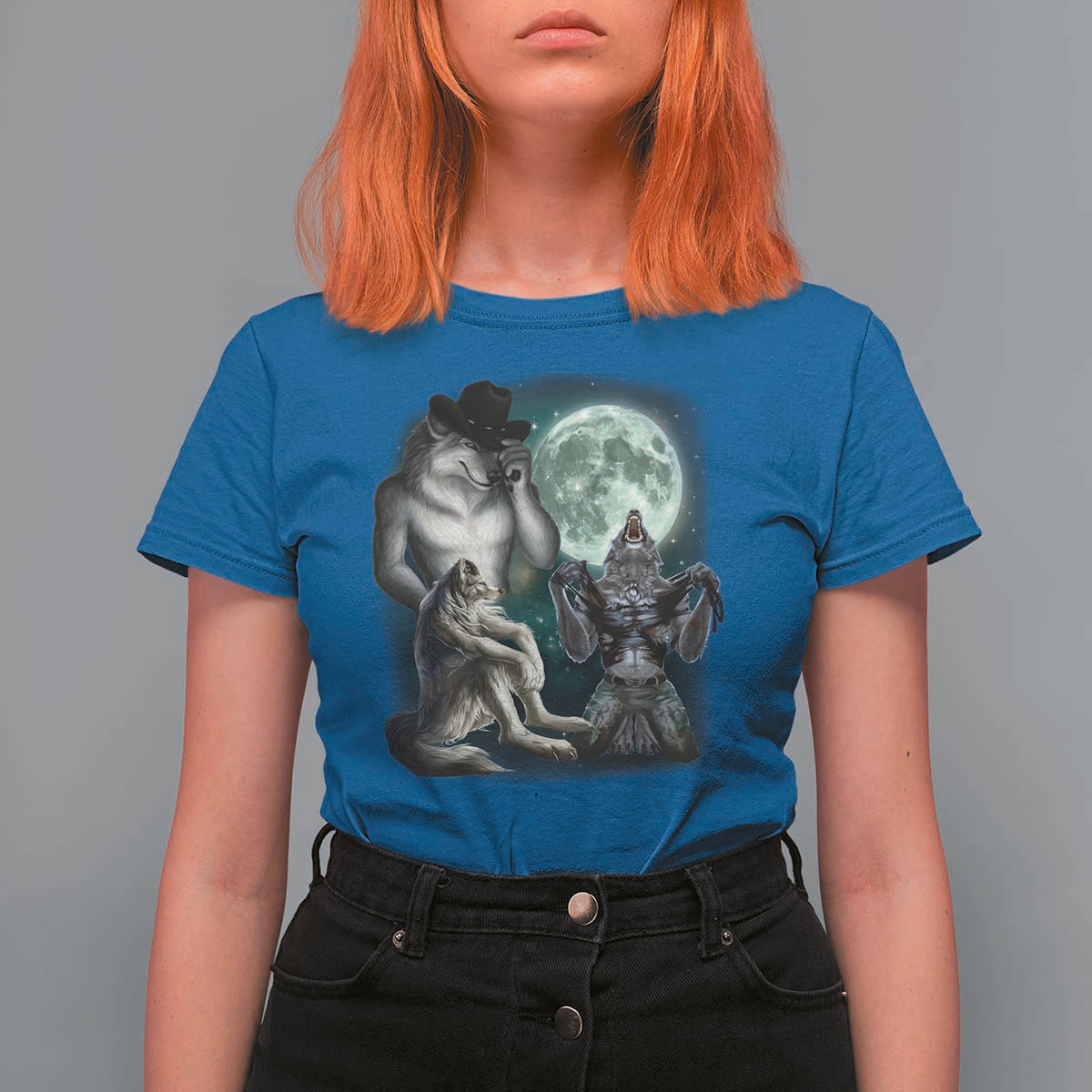 Funny Three Alpha Wolf Howling Moon T Shirt For Women Weird Cringe Werewolf Meme - Wonder Print Shop