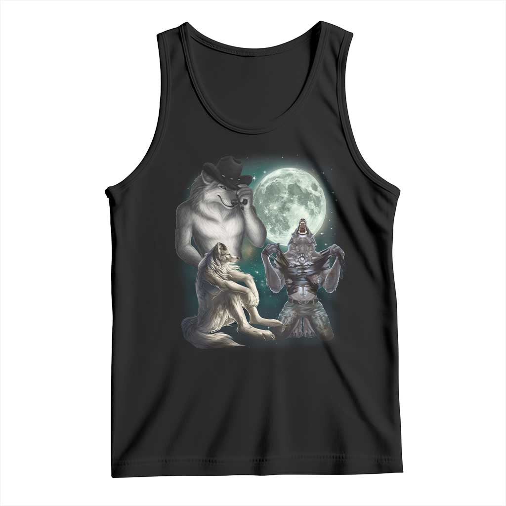 Funny Three Alpha Wolf Howling Moon Tank Top Weird Cringe Werewolf Meme - Wonder Print Shop