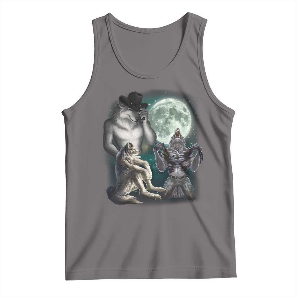 Funny Three Alpha Wolf Howling Moon Tank Top Weird Cringe Werewolf Meme - Wonder Print Shop