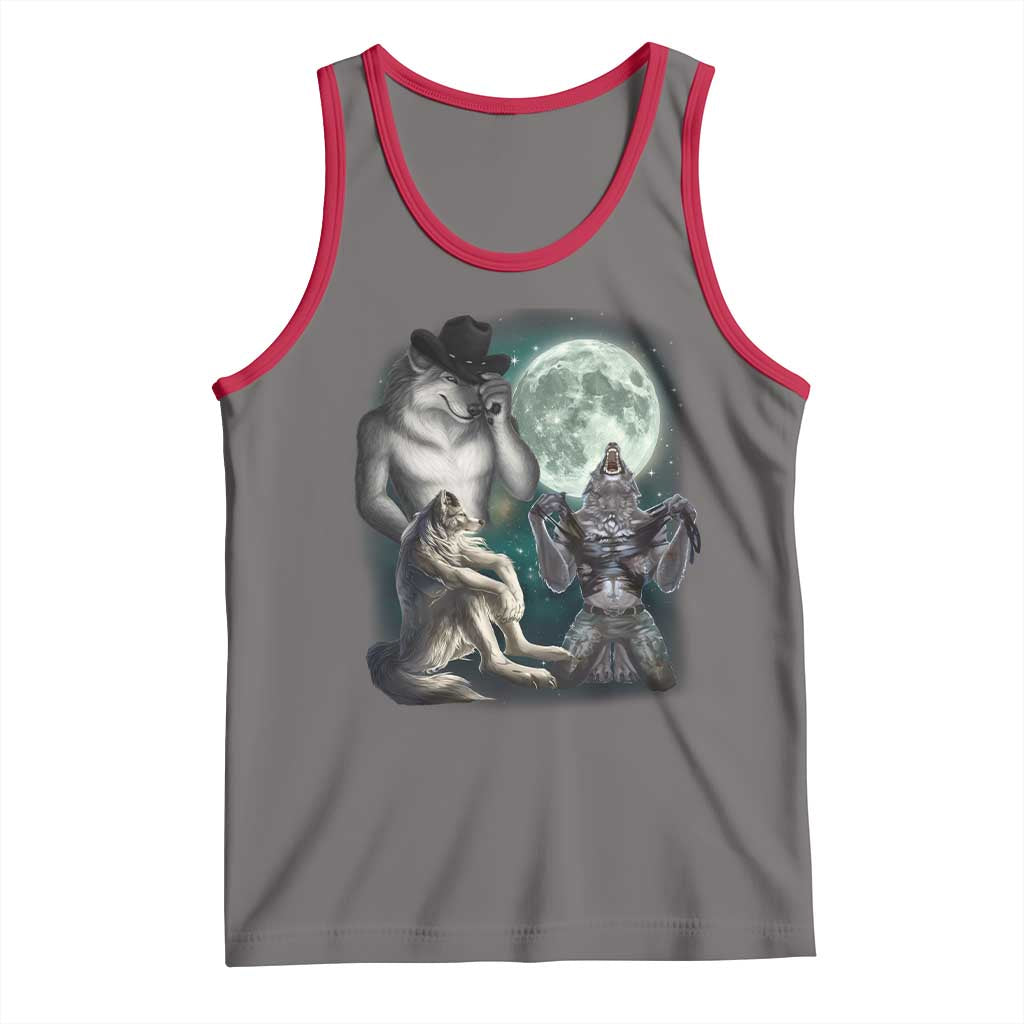 Funny Three Alpha Wolf Howling Moon Tank Top Weird Cringe Werewolf Meme - Wonder Print Shop