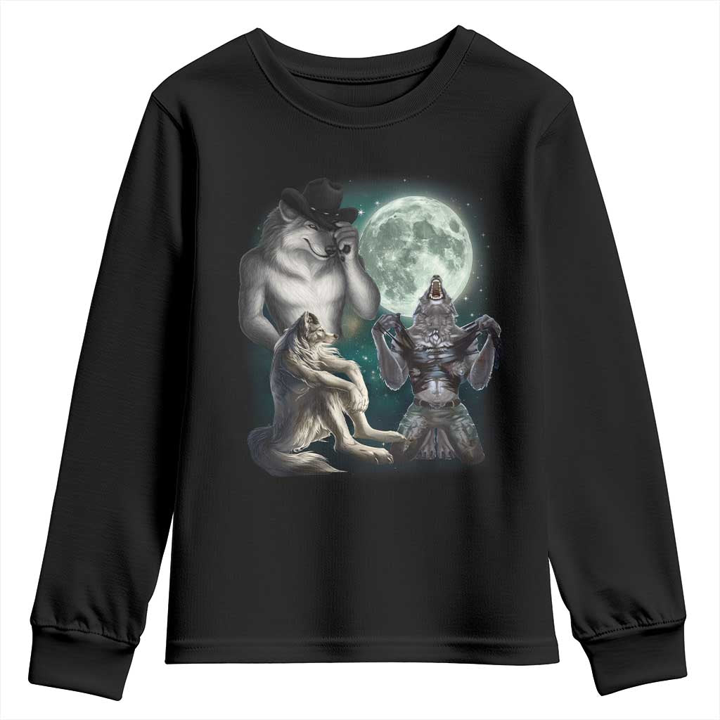Funny Three Alpha Wolf Howling Moon Youth Sweatshirt Weird Cringe Werewolf Meme - Wonder Print Shop