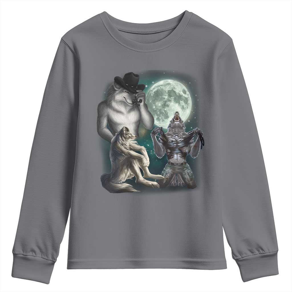 Funny Three Alpha Wolf Howling Moon Youth Sweatshirt Weird Cringe Werewolf Meme - Wonder Print Shop