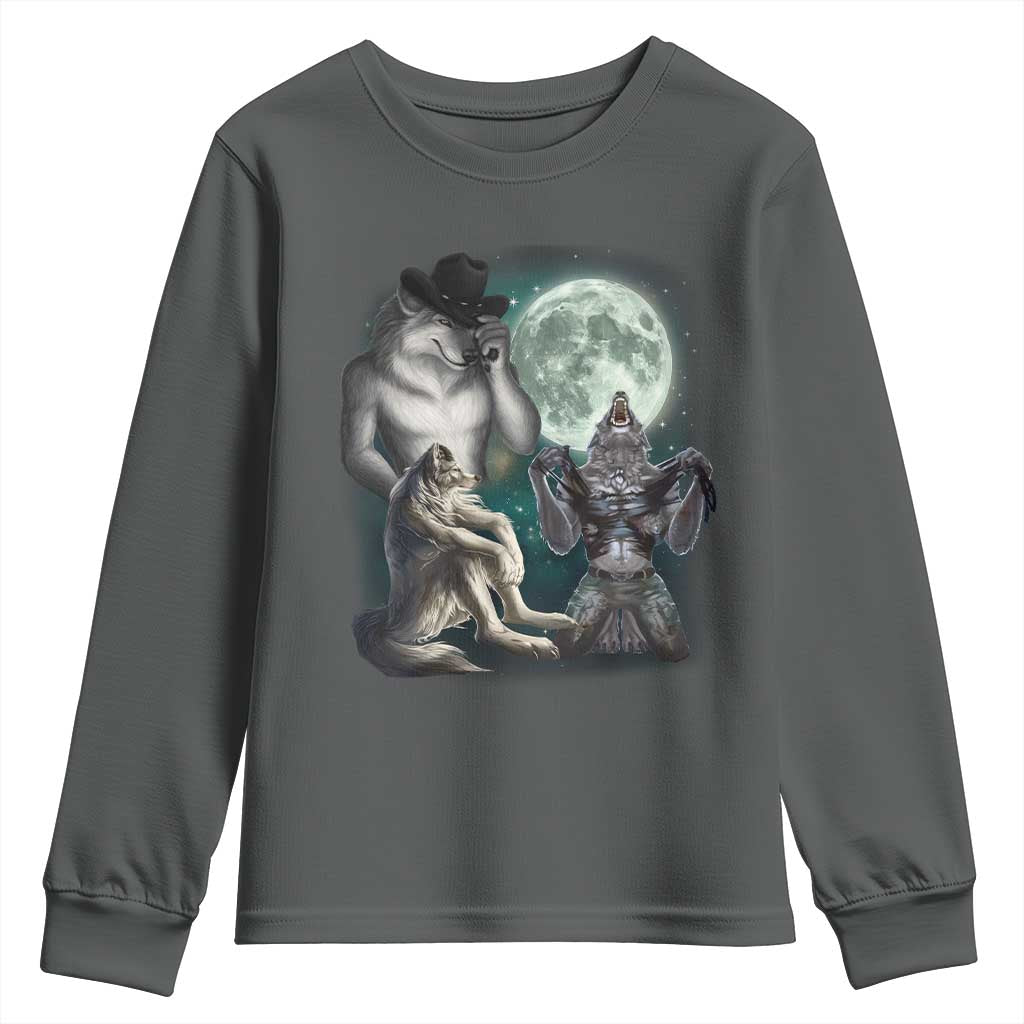 Funny Three Alpha Wolf Howling Moon Youth Sweatshirt Weird Cringe Werewolf Meme - Wonder Print Shop
