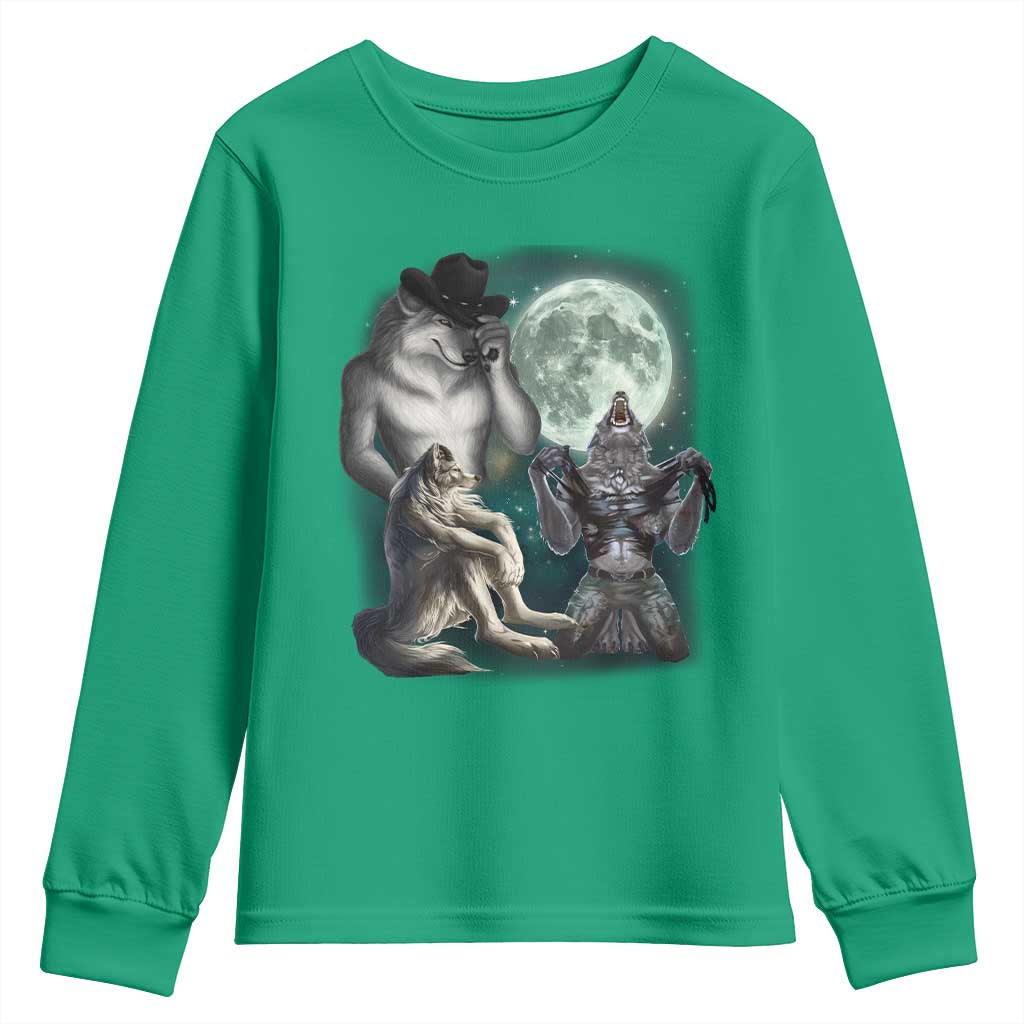 Funny Three Alpha Wolf Howling Moon Youth Sweatshirt Weird Cringe Werewolf Meme - Wonder Print Shop