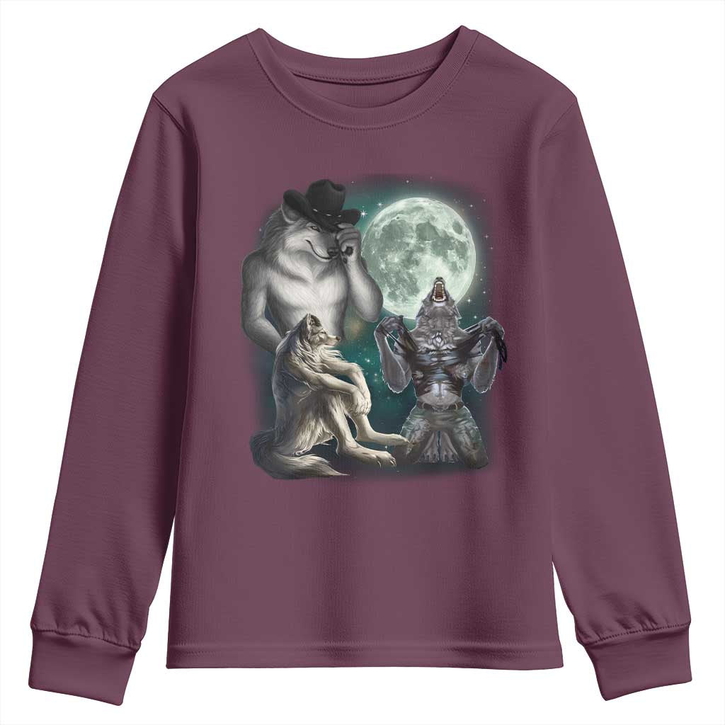 Funny Three Alpha Wolf Howling Moon Youth Sweatshirt Weird Cringe Werewolf Meme - Wonder Print Shop