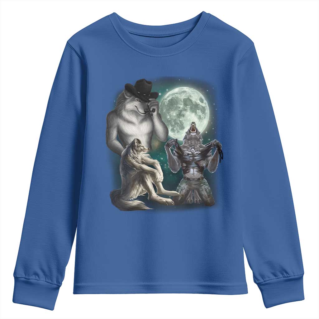 Funny Three Alpha Wolf Howling Moon Youth Sweatshirt Weird Cringe Werewolf Meme - Wonder Print Shop